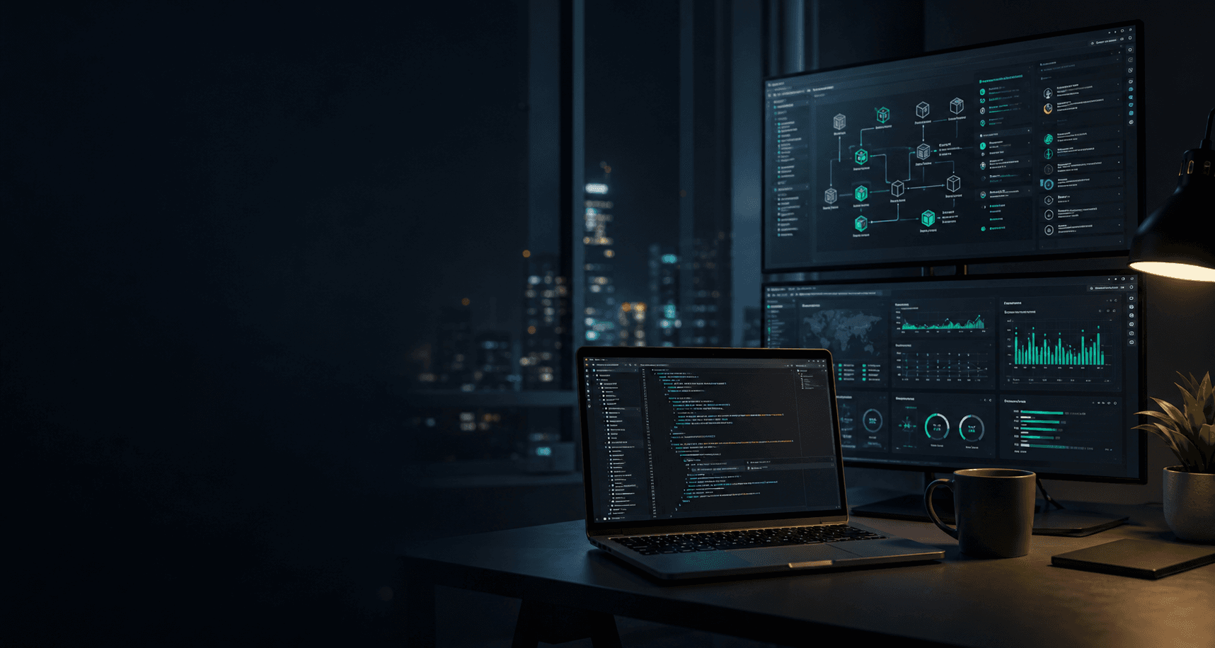 Abstract developer workstation with dashboards and code